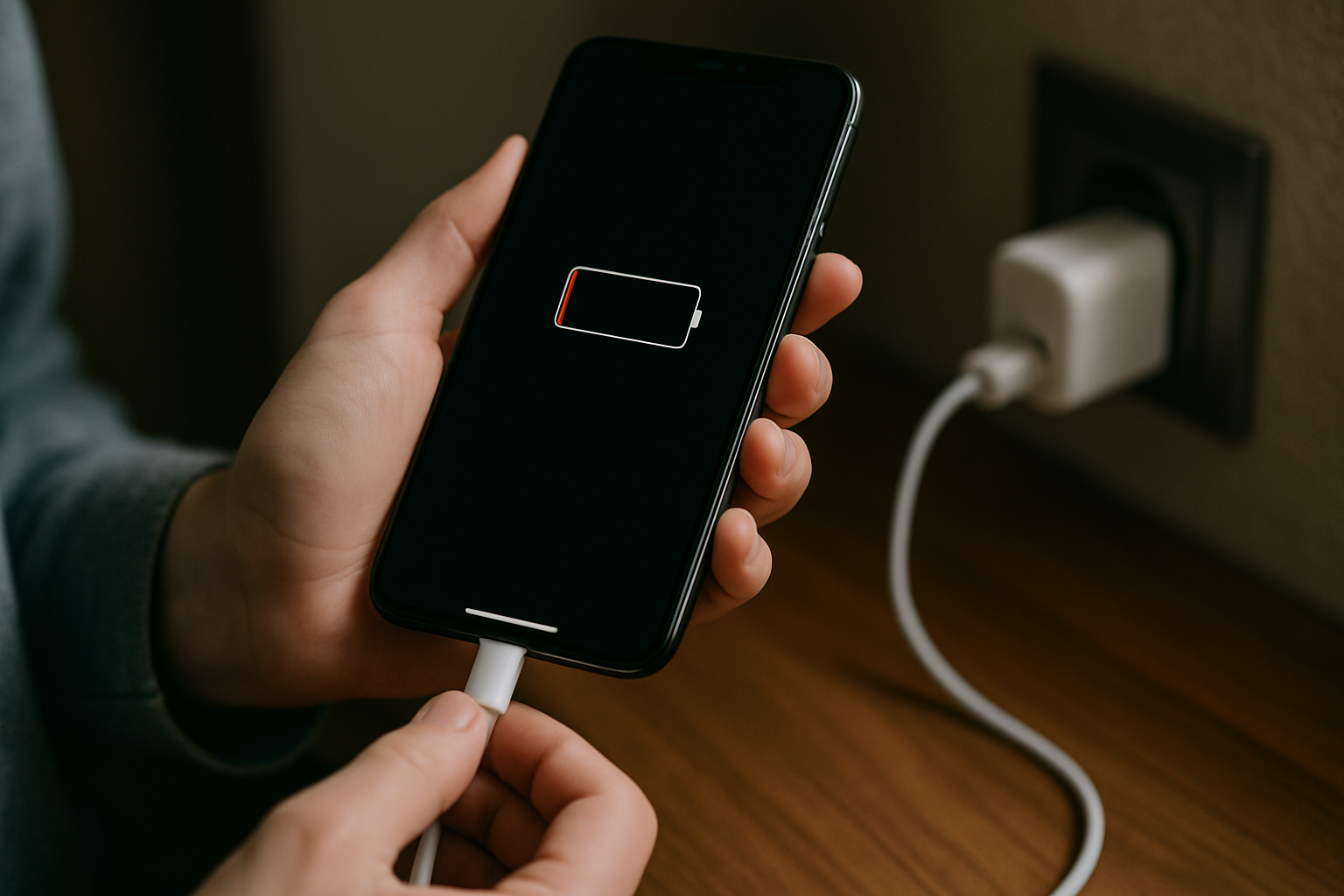 cover-276677 Smartfon podłączony do ładowania, wyświetlający ikonę niskiego poziomu naładowania baterii. W tle widoczny gniazdko elektryczne z wtyczką.
