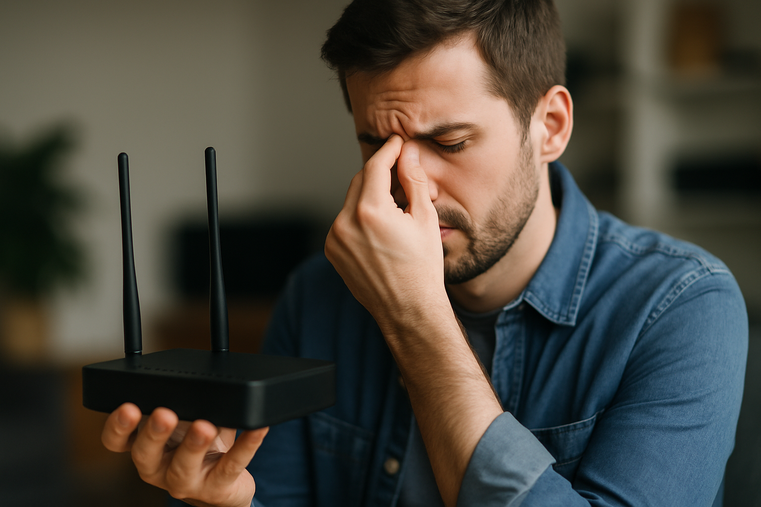 Mężczyzna trzyma router bezprzewodowy, wygląda na zmartwionego lub sfrustrowanego, trzymając dłoń na nosie. W tle widać nieostre elementy domowego wnętrza.