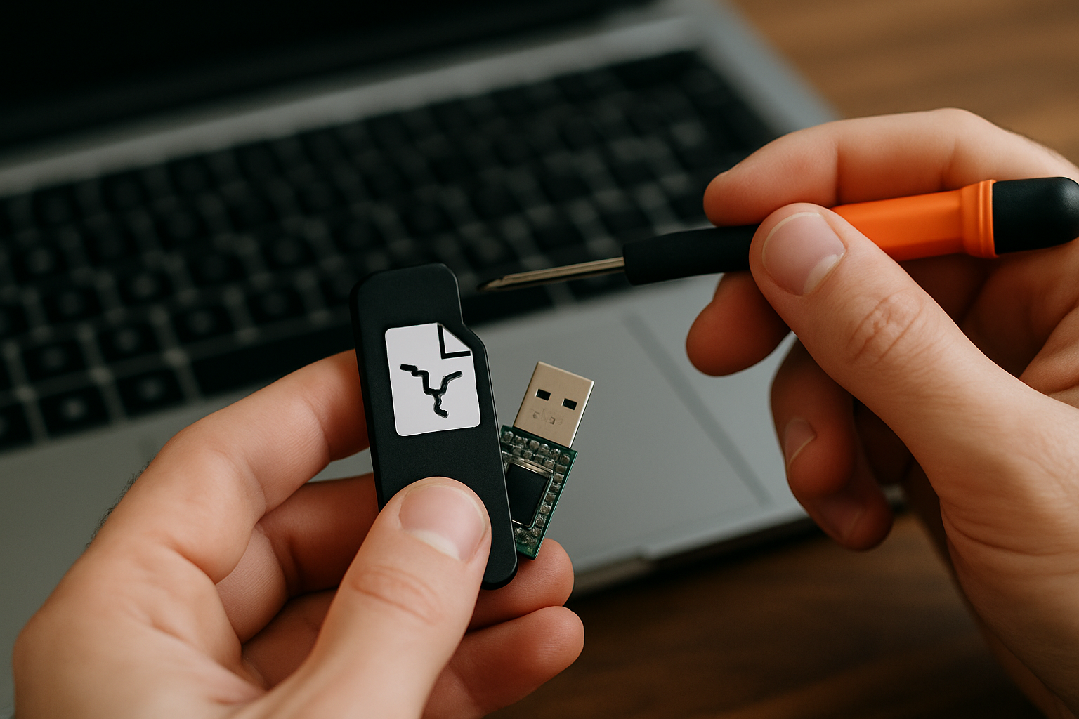 Osoba trzymająca pendrive z logo oraz narzędzie do otwierania, na tle laptopa.