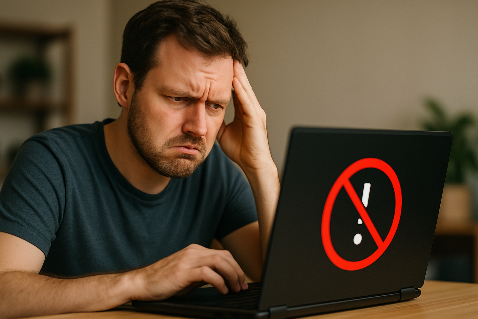 cover-276776 Mężczyzna z zmartwioną miną siedzi przed laptopem z symbolem ostrzeżenia na ekranie, wskazując na problemy techniczne lub frustrację podczas pracy z komputerem.