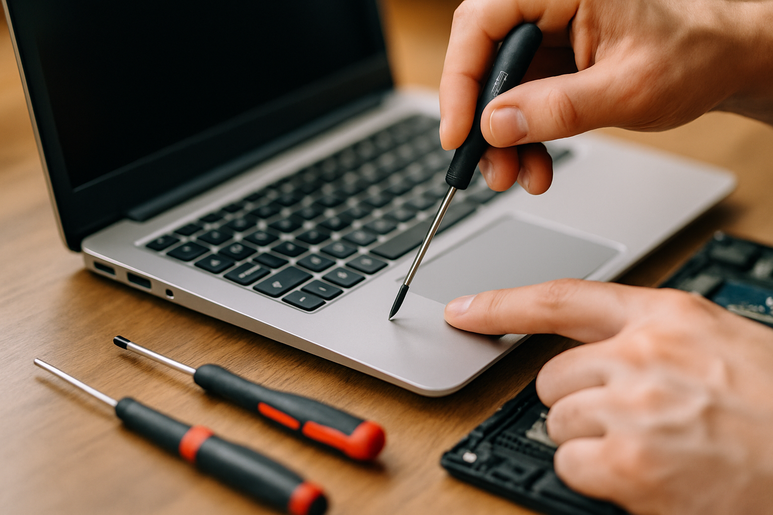 Osoba naprawiająca laptopa, używająca śrubokrętu, z widocznymi narzędziami na stole.