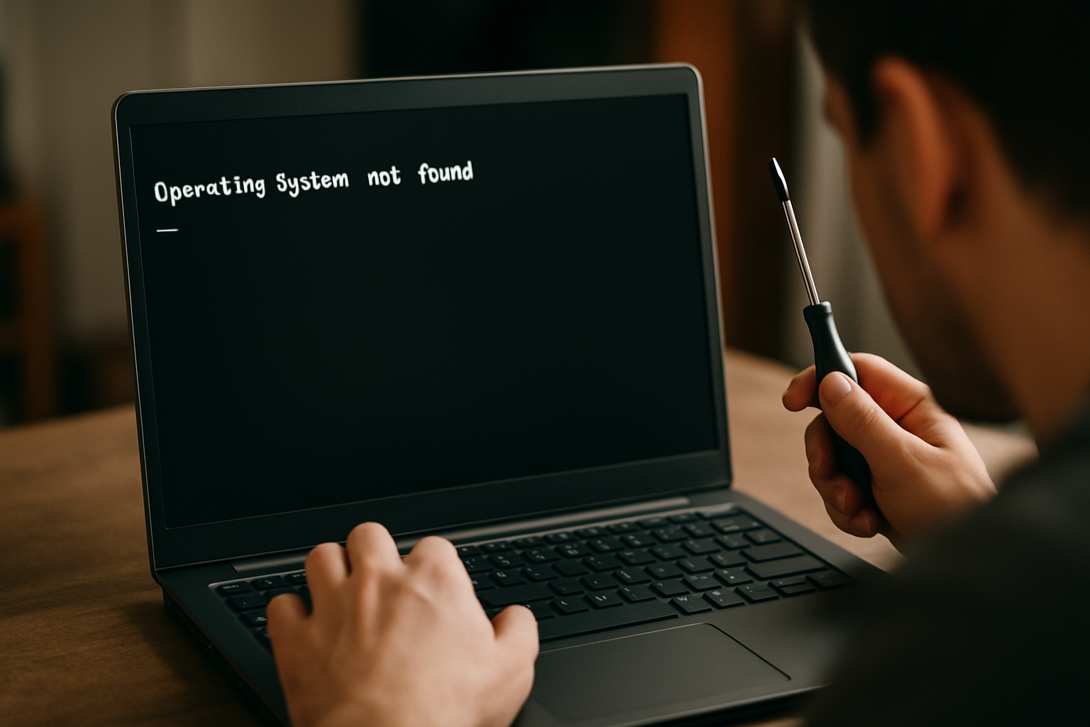 cover-276800 Mężczyzna siedzący przy laptopie z komunikatem "Operating System not found" na ekranie, trzymający w ręku śrubokręt.