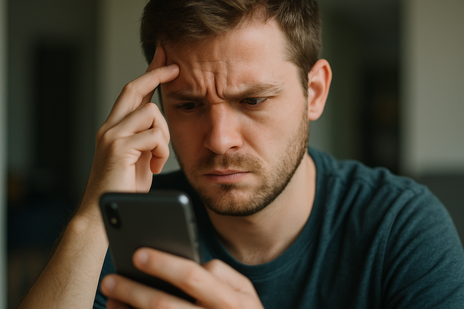 Mężczyzna z zmartwioną miną, przeglądający telefon komórkowy. W tle widać rozmytą przestrzeń wnętrza.