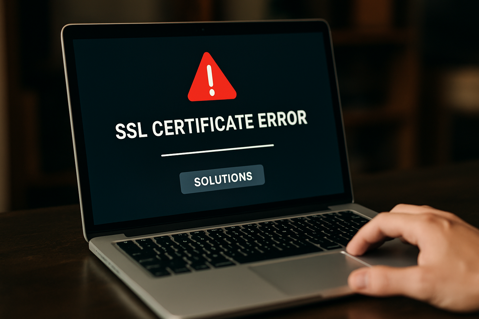 cover-276806 Ekran laptopa z komunikatem o błędzie certyfikatu SSL, z widoczną ręką użytkownika, sugerującą poszukiwanie rozwiązań.