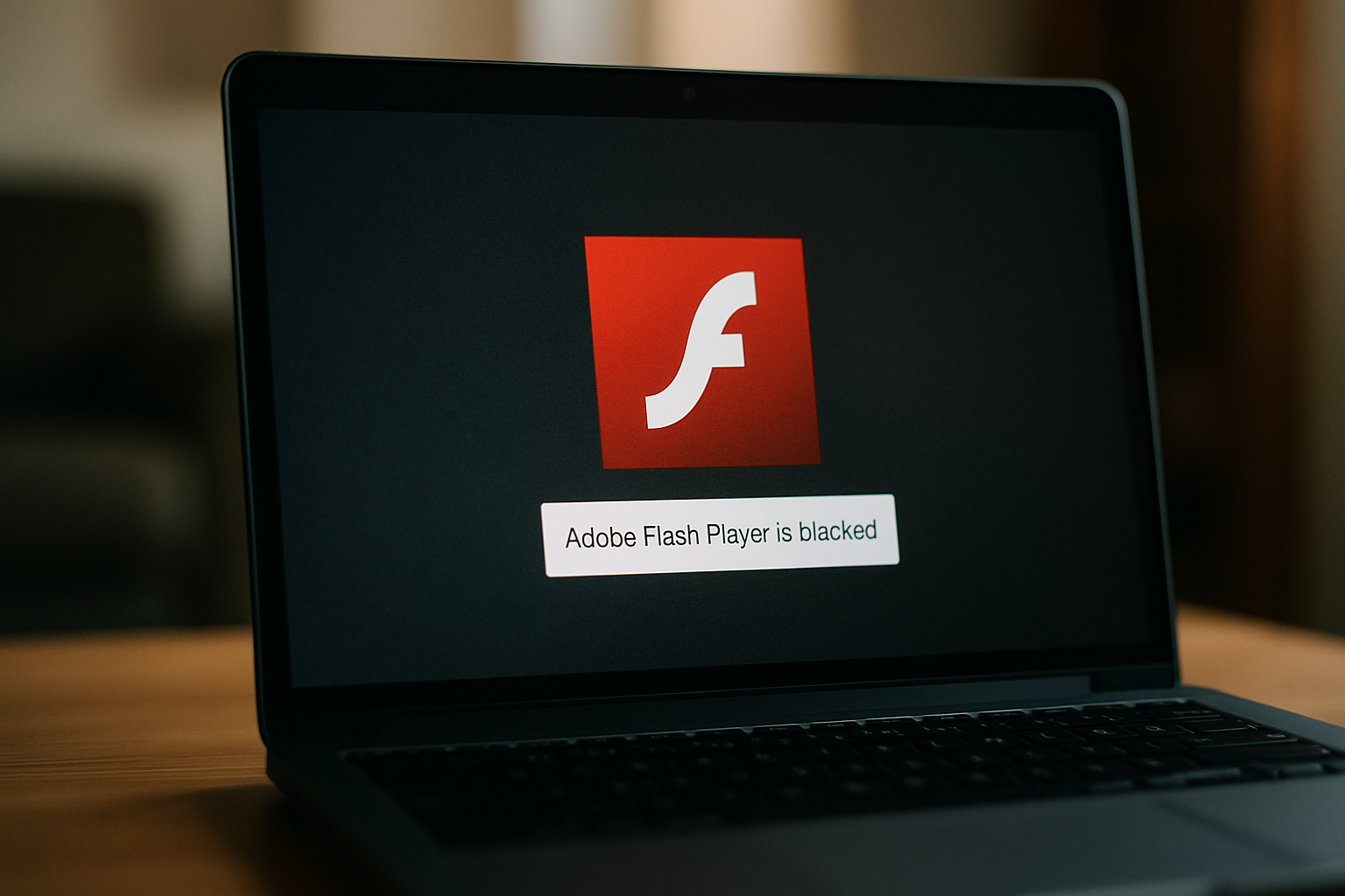 cover-276815 Ekran laptopa z komunikatem o zablokowanym Adobe Flash Player, z widocznym logo Flash na ciemnym tle.