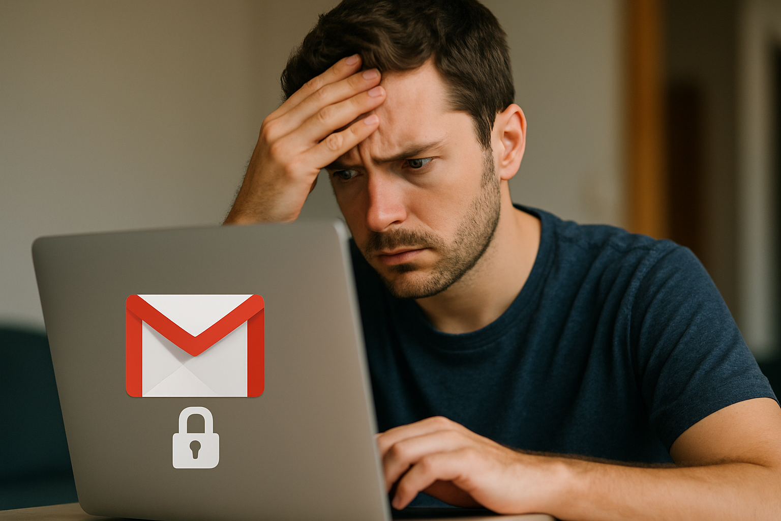 cover-276818 Mężczyzna zmartwiony, siedzący przed laptopem z ikoną Gmaila i symbolem zamka, symbolizującym problemy z bezpieczeństwem konta e-mail.