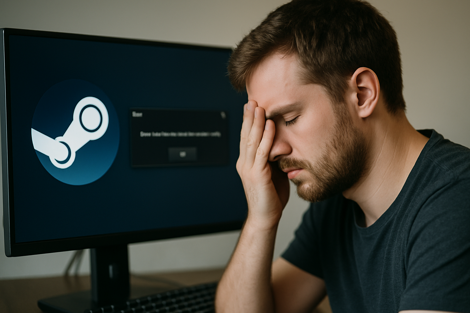 Mężczyzna z wyraźnym zmartwieniem na twarzy siedzi przed komputerem z logiem Steam na ekranie. Na monitorze wyświetla się komunikat o błędzie, co sugeruje problemy z grą lub aplikacją.