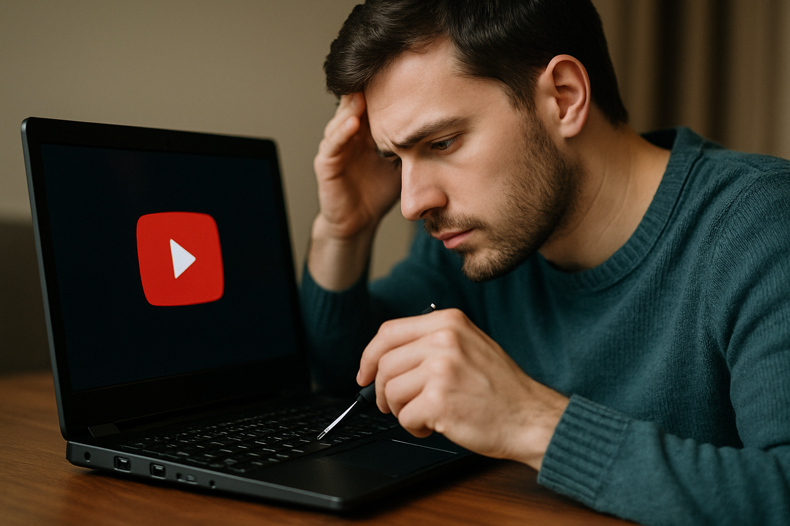 Mężczyzna w szarej bluzie siedzi przy laptopie z logo YouTube na ekranie, wygląda na zmartwionego i skupionego, trzymając długopis w ręce.