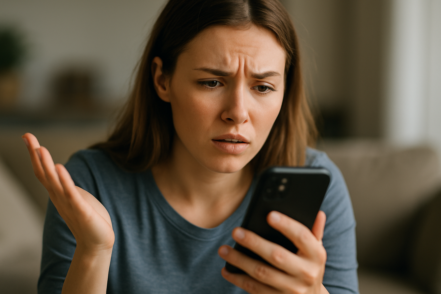 cover-276839 Kobieta w szarej bluzie, z zmartwioną miną, patrzy na telefon komórkowy, wyrażając frustrację lub zdziwienie.
