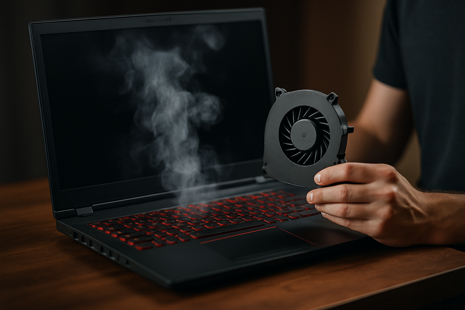 cover-276845 Mężczyzna trzyma wentylator w pobliżu laptopa, z którego wydobywa się para. Obraz ilustruje problem przegrzewania się komputerów przenośnych i znaczenie chłodzenia.
