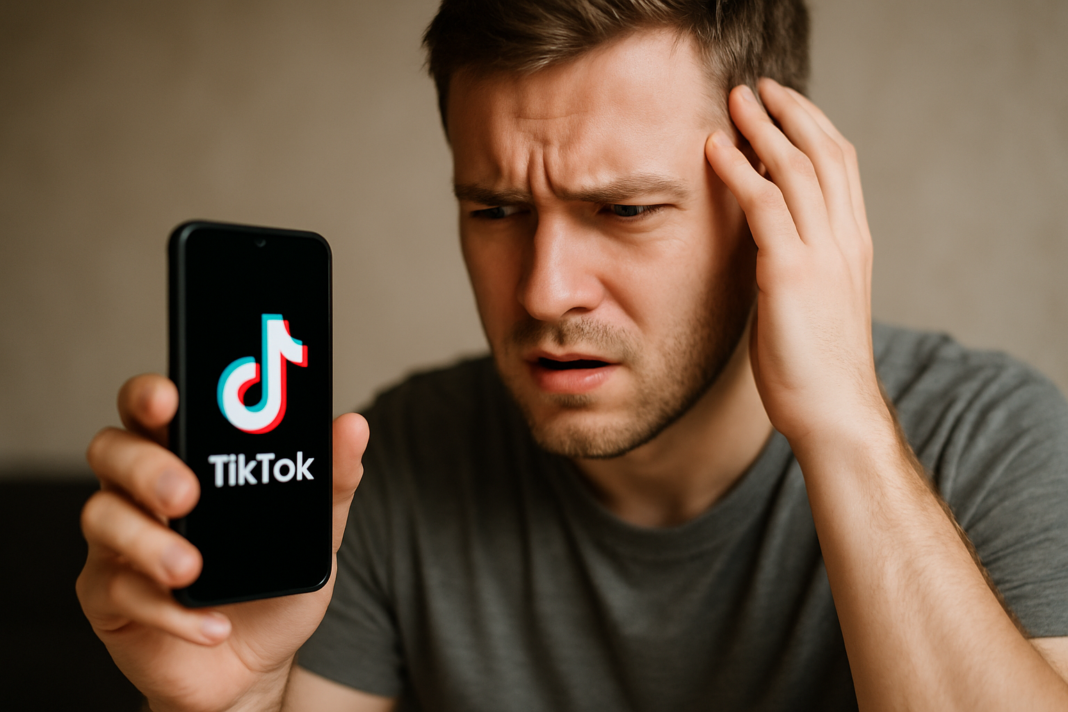 cover-276872 Mężczyzna zmartwiony, trzymający telefon z logo TikTok, wygląda na zaniepokojonego treściami w aplikacji.
