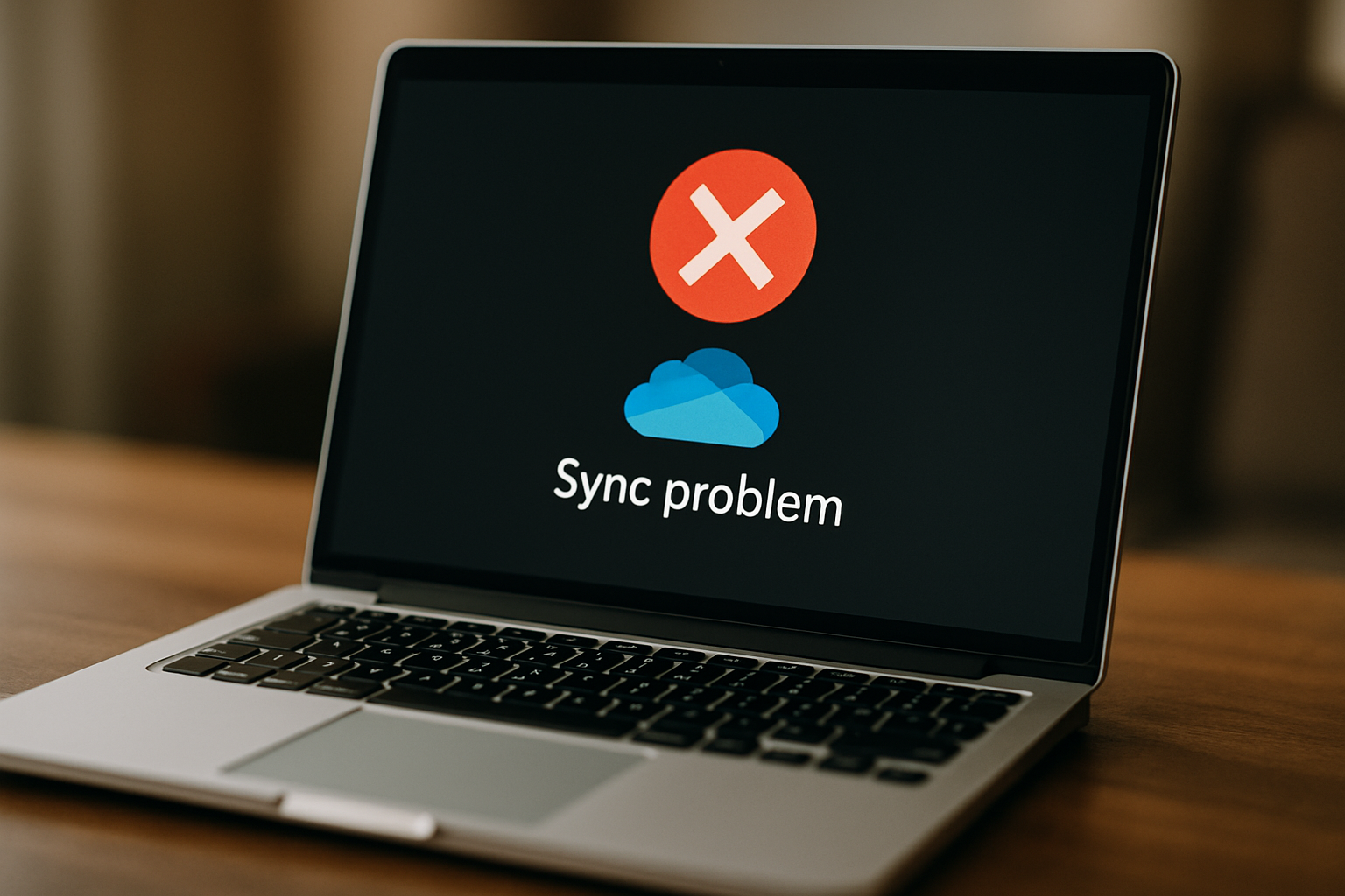 Laptop z wyświetlaczem pokazującym komunikat o problemie z synchronizacją. Na ekranie widoczny czerwony znak błędu oraz niebieska chmurka.