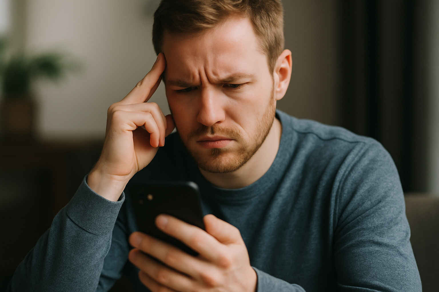 Mężczyzna w szarej bluzie, z zamyśloną miną, patrzy na telefon, trzymając dłoń przy głowie. W tle widać stonowane wnętrze.