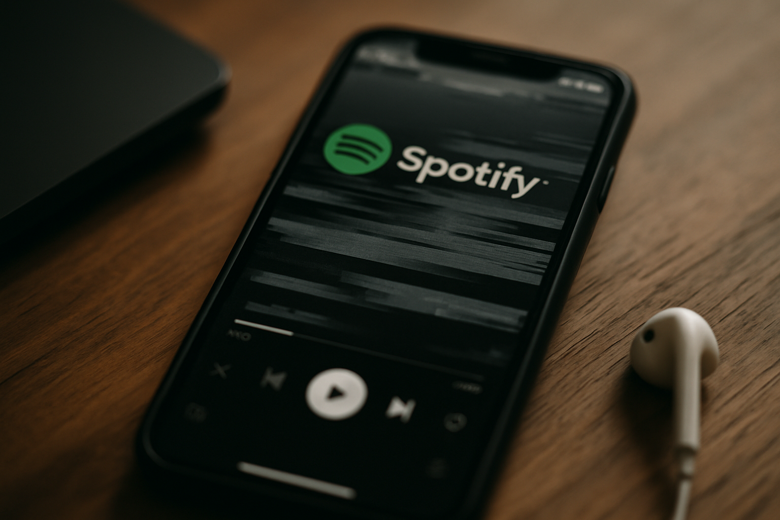 Smartfon z aplikacją Spotify na ekranie, odtwarzający muzykę, obok słuchawki na drewnianym stole.