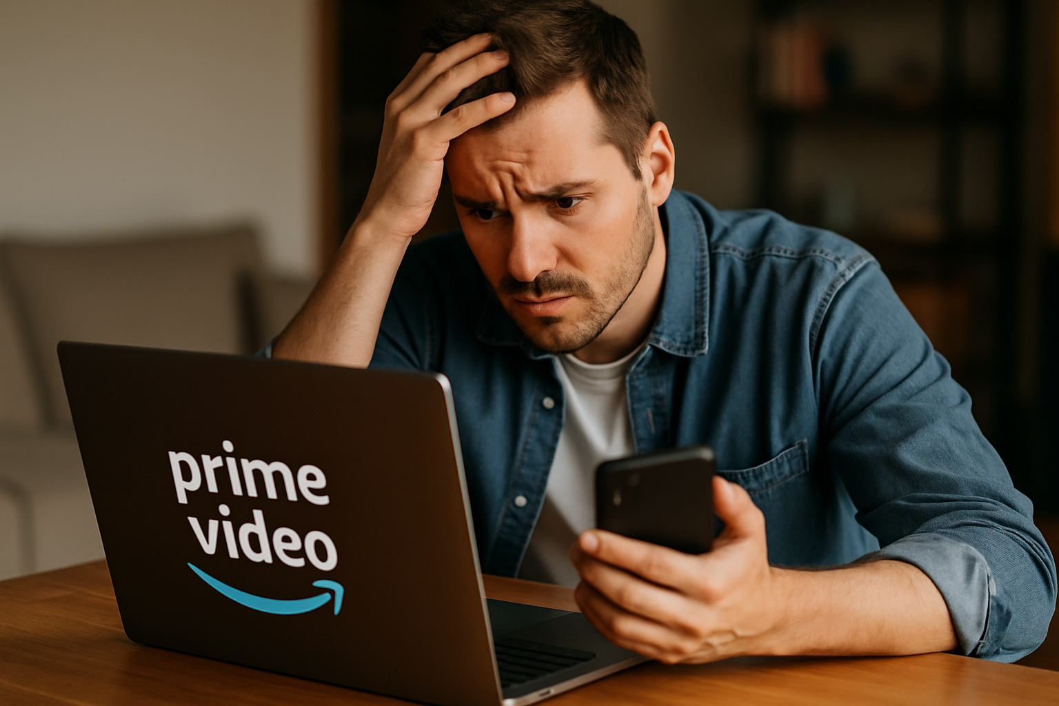 Mężczyzna zmartwiony, trzymający telefon w ręku, siedzi przed laptopem z logo Prime Video. Wyraża frustrację podczas przeglądania treści na platformie.