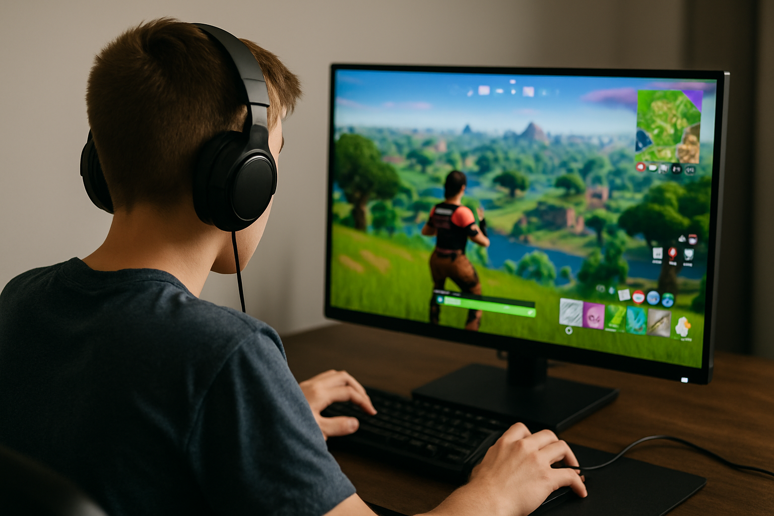 Chłopak grający w grę Fortnite na komputerze, noszący słuchawki, siedzący przy biurku. Na ekranie widać kolorowy krajobraz oraz postać w akcji.