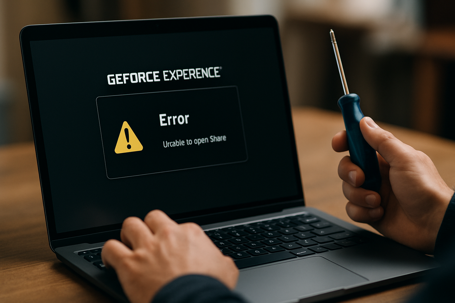 Ekran laptopa z komunikatem o błędzie w aplikacji GeForce Experience, informującym o problemie z otwarciem funkcji Share. Widać również rękę trzymającą śrubokręt.