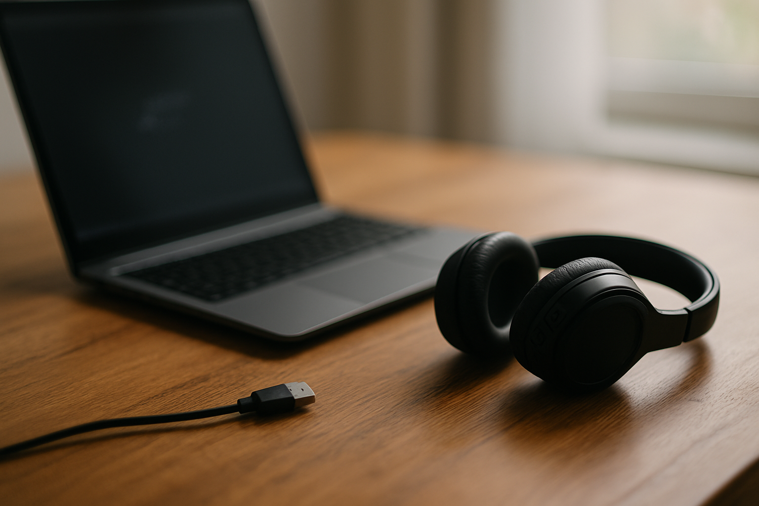 Słuchawki bezprzewodowe obok laptopa na drewnianym biurku, z kablem USB w zasięgu.