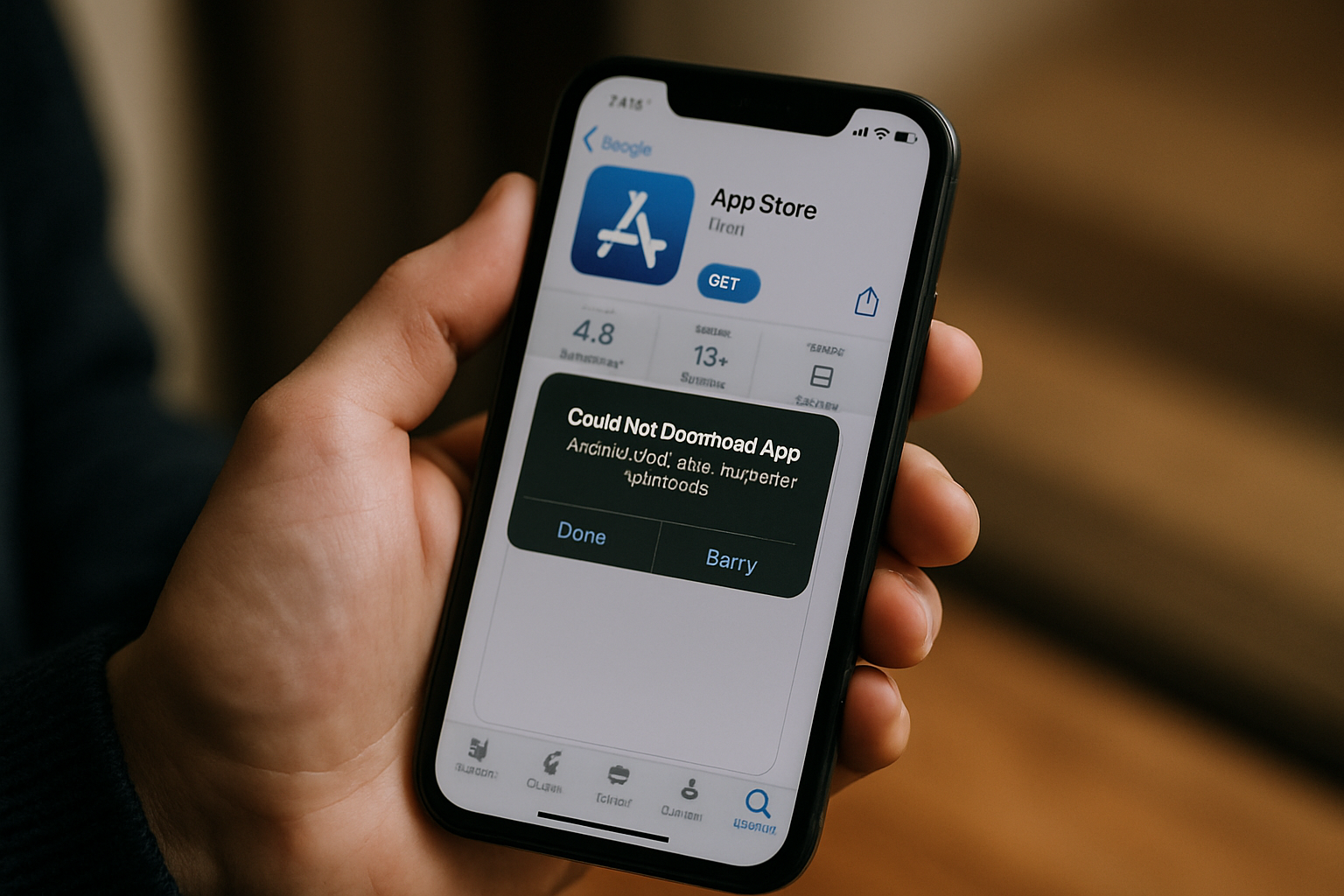 cover-276962 Smartfon z otwartą aplikacją App Store, wyświetlający komunikat o błędzie "Could Not Download App". W tle widoczne oceny aplikacji i przycisk pobierania.