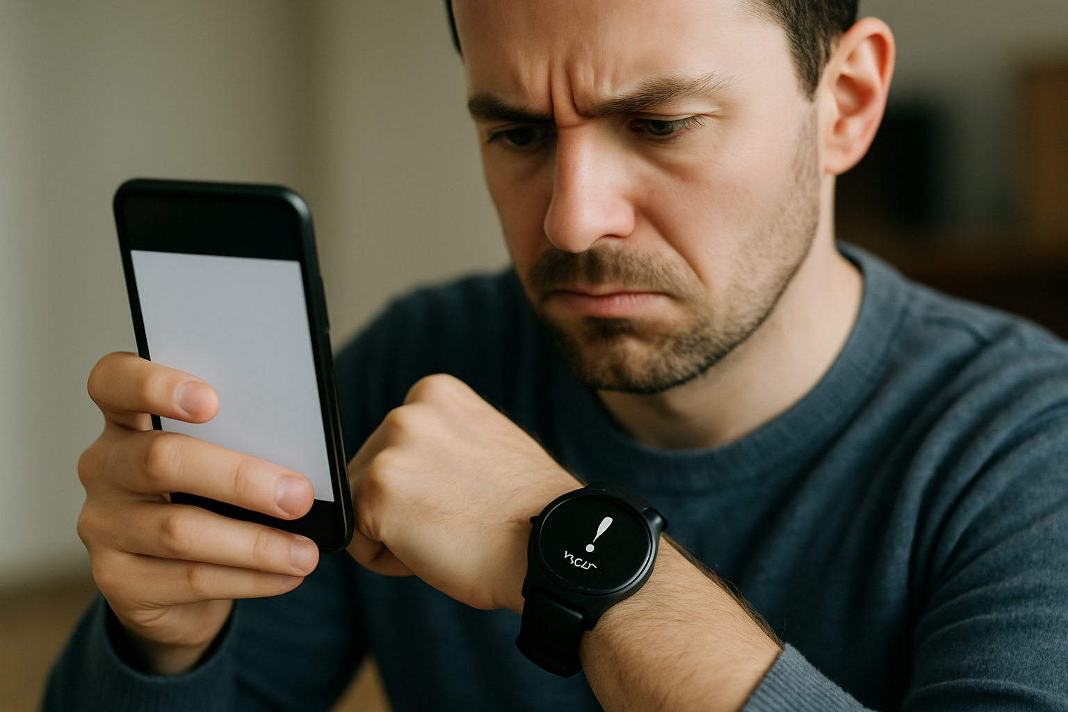 Mężczyzna w szarej bluzie patrzy z niezadowoleniem na telefon komórkowy, trzymając rękę na zegarku. Zegarek jest czarny z białym wyświetlaczem. W tle widać stonowane wnętrze.
