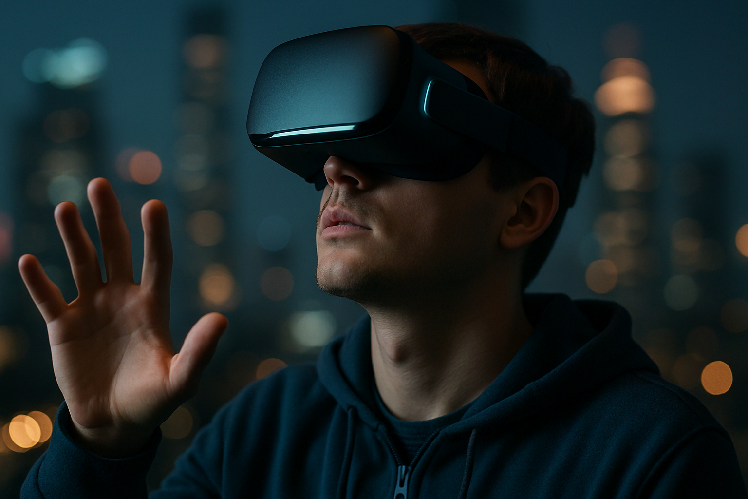 Mężczyzna w okularach VR wpatruje się w wirtualny świat, uniesioną dłonią wskazując na interakcję z otoczeniem, w tle rozmyte miejskie światła.