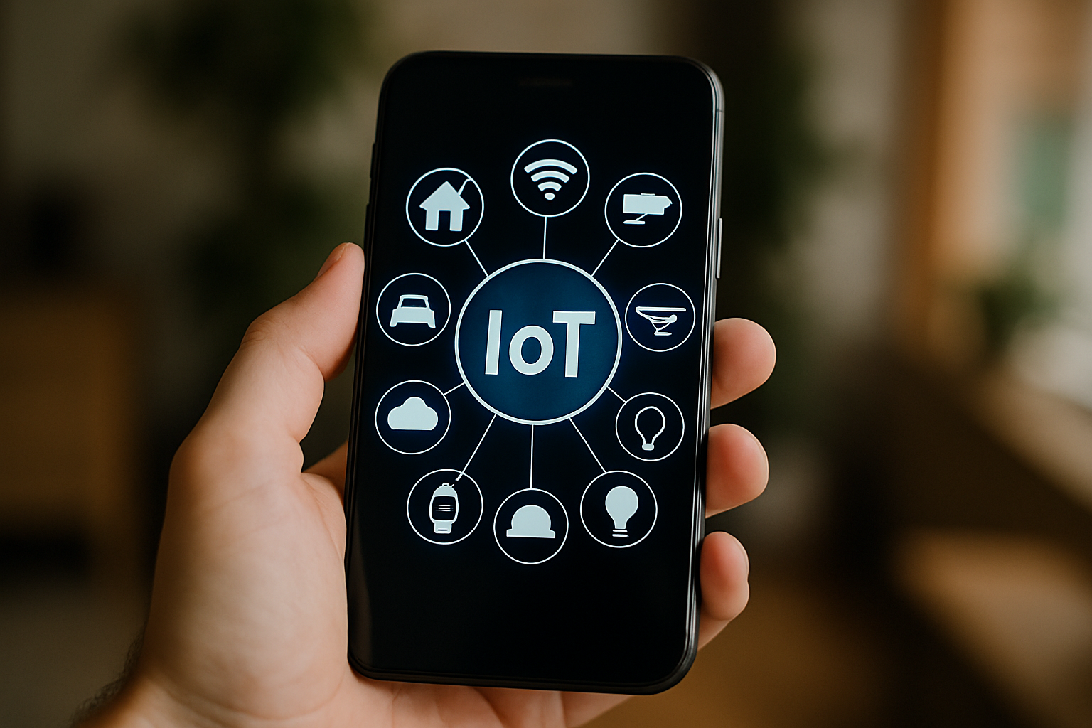 Ekran smartfona pokazujący symbole związane z Internetem Rzeczy (IoT), takie jak inteligentne urządzenia domowe, czujniki i połączenia bezprzewodowe, trzymany w dłoni na tle wnętrza.