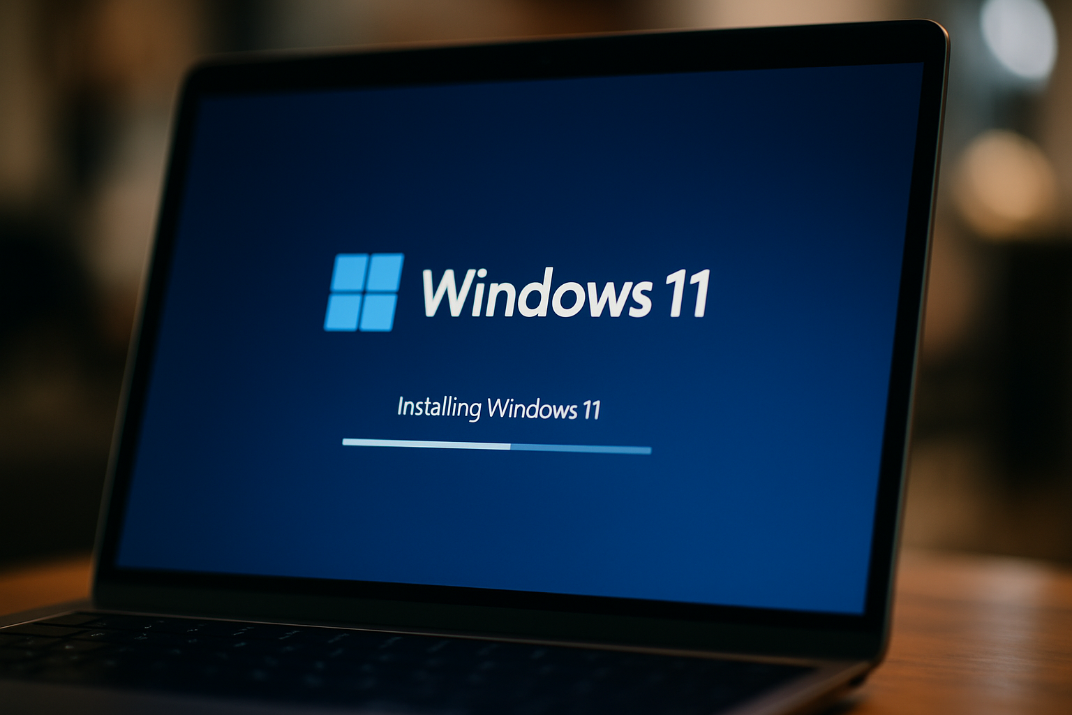 cover-277034 Ekran laptopa z logo Windows 11, wyświetlający postęp instalacji systemu operacyjnego.