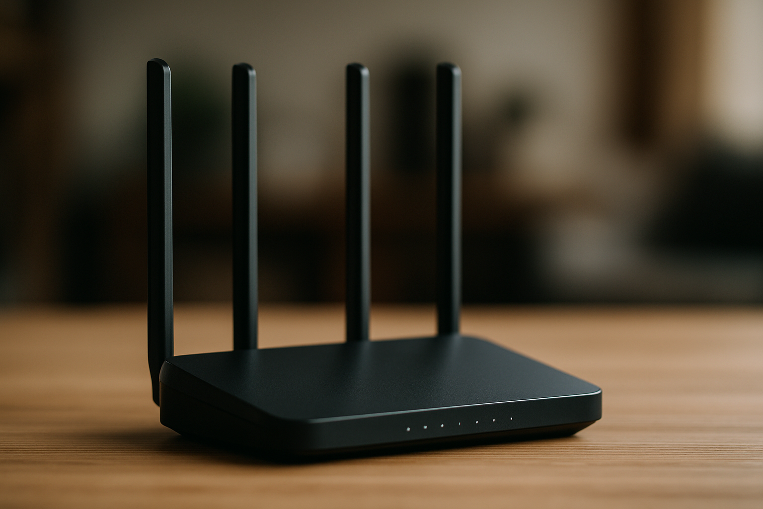 Router Wi-Fi z czterema antenami, umieszczony na drewnianym stole, idealny do zapewnienia silnego sygnału internetowego w domowych i biurowych warunkach.