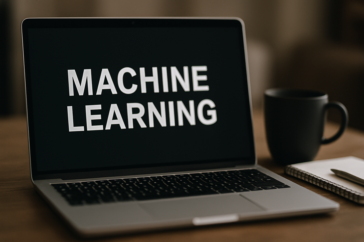 cover-277040 Laptop z wyświetlaczem prezentującym napis "Machine Learning", obok filiżanka kawy i notes. Tematyka związana z nauką maszynową i technologią.