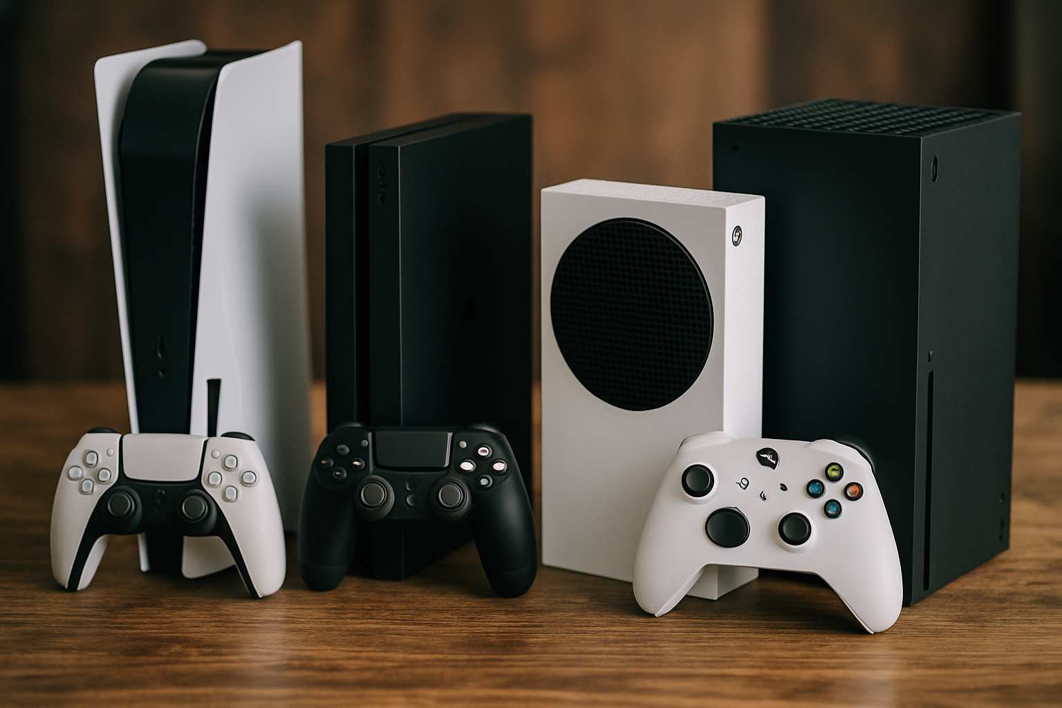 cover-277046 Zestaw nowoczesnych konsol do gier: PlayStation 5, PlayStation 4, Xbox Series S i Xbox Series X, z kontrolerami w różnych kolorach, ustawiony na drewnianym blacie.