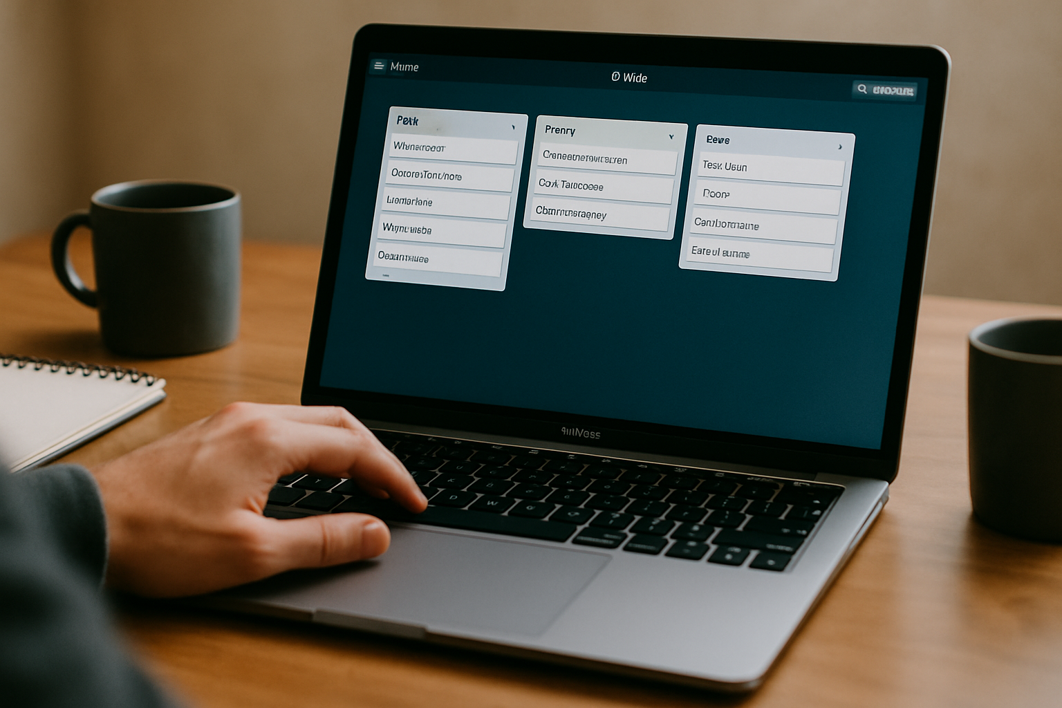 Osoba korzystająca z laptopa na drewnianym biurku, na ekranie widoczne okna aplikacji z różnymi opcjami. Obok laptopa znajduje się filiżanka kawy oraz notes.