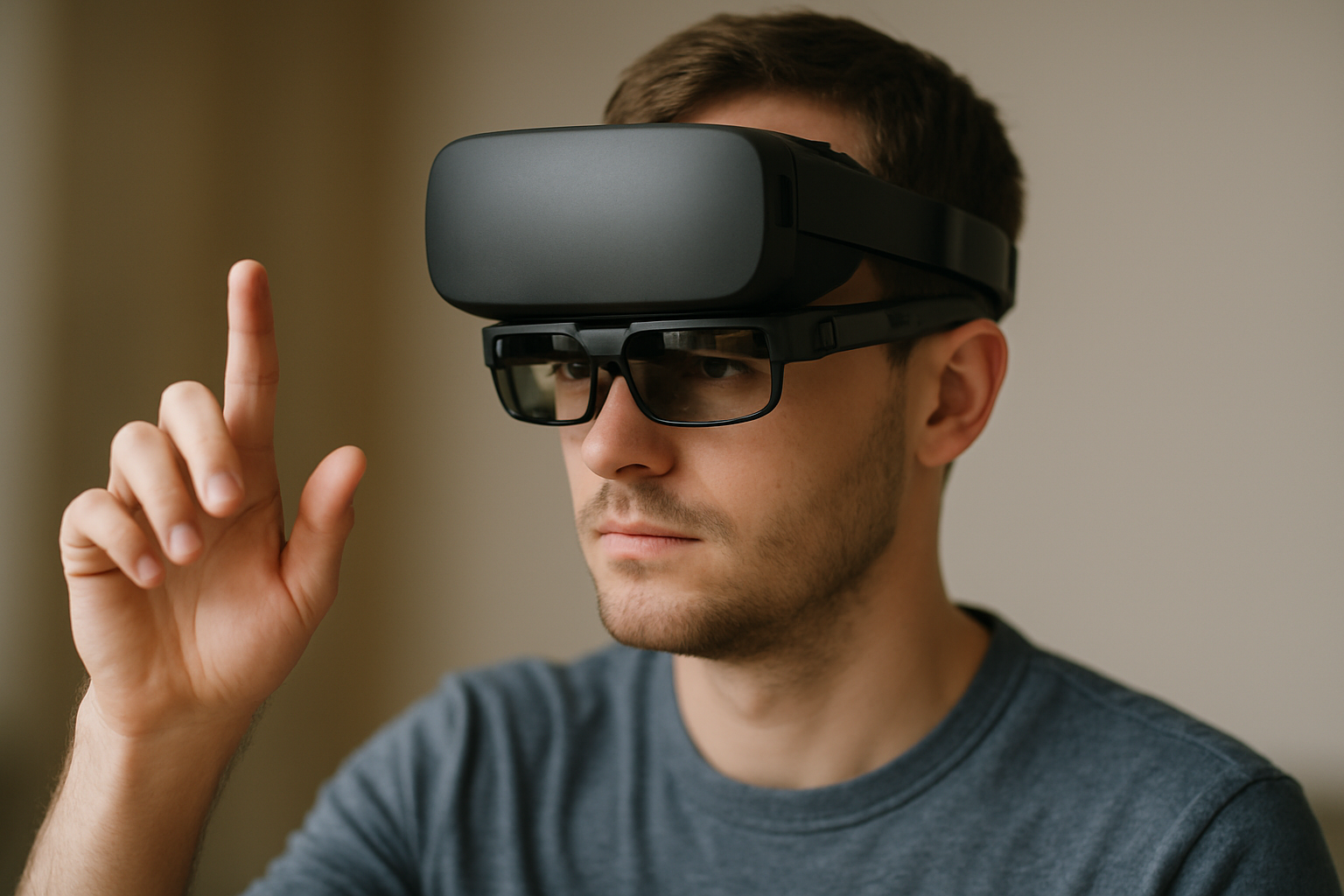 Mężczyzna noszący okulary VR i inteligentne okulary, wskazujący palcem, w tle neutralne wnętrze.