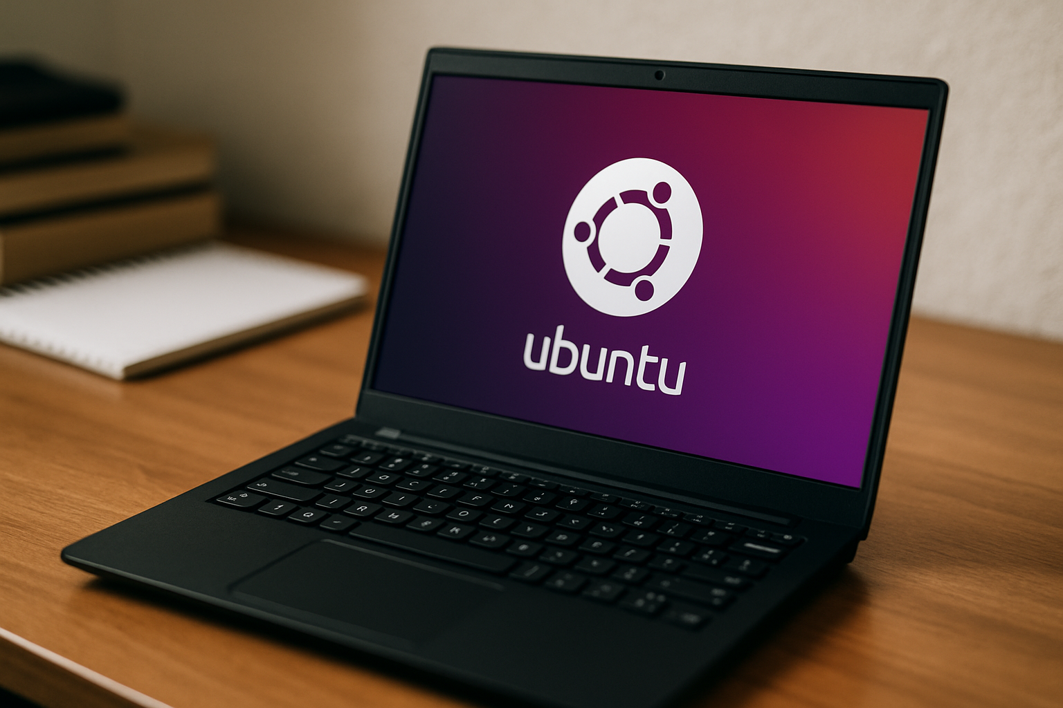 cover-277088 Laptop z logo systemu operacyjnego Ubuntu na ekranie, umieszczony na drewnianym biurku obok notesu.