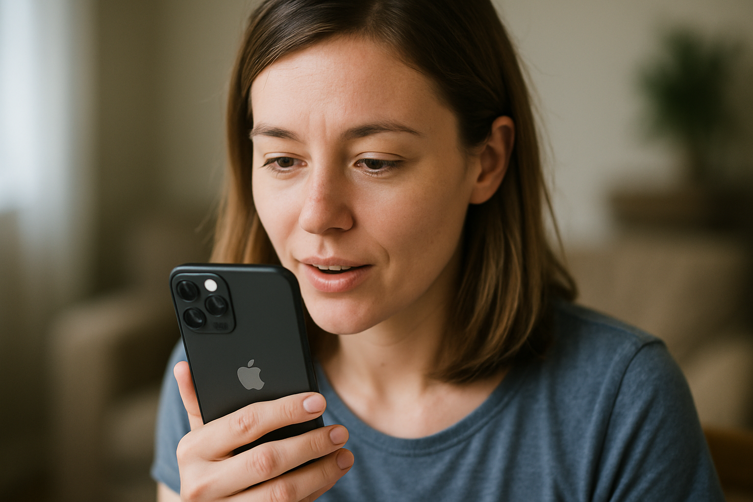 cover-277115 Kobieta z krótkimi brązowymi włosami uważnie korzysta z telefonu marki Apple, rozmawiając lub korzystając z funkcji głosowej. W tle widać przytulne wnętrze mieszkania.