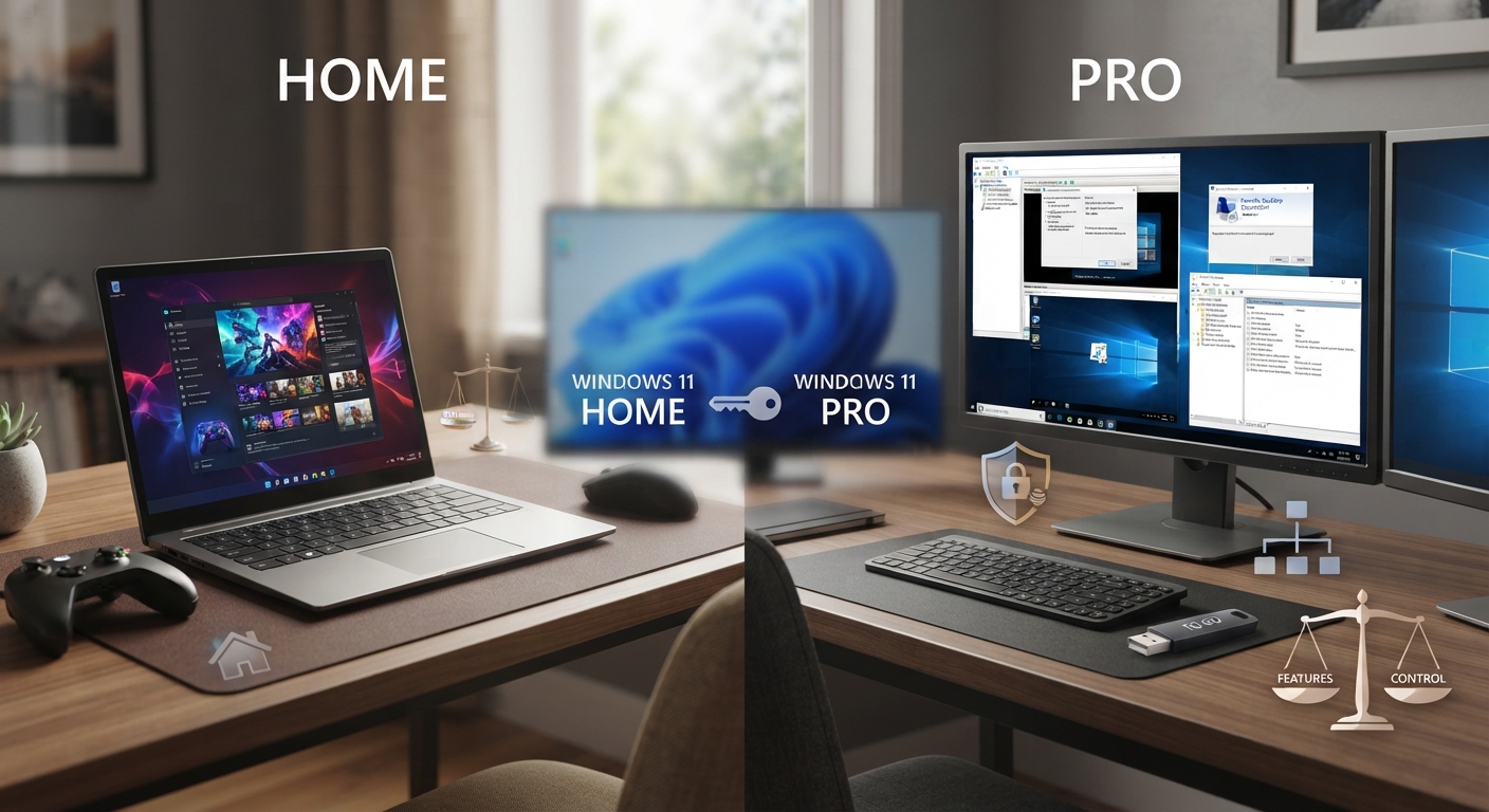 Porównanie Windows 11 Home i Pro na ekranie ustawień systemu, z widocznymi opcjami BitLocker i pulpitu zdalnego w edycji Pro